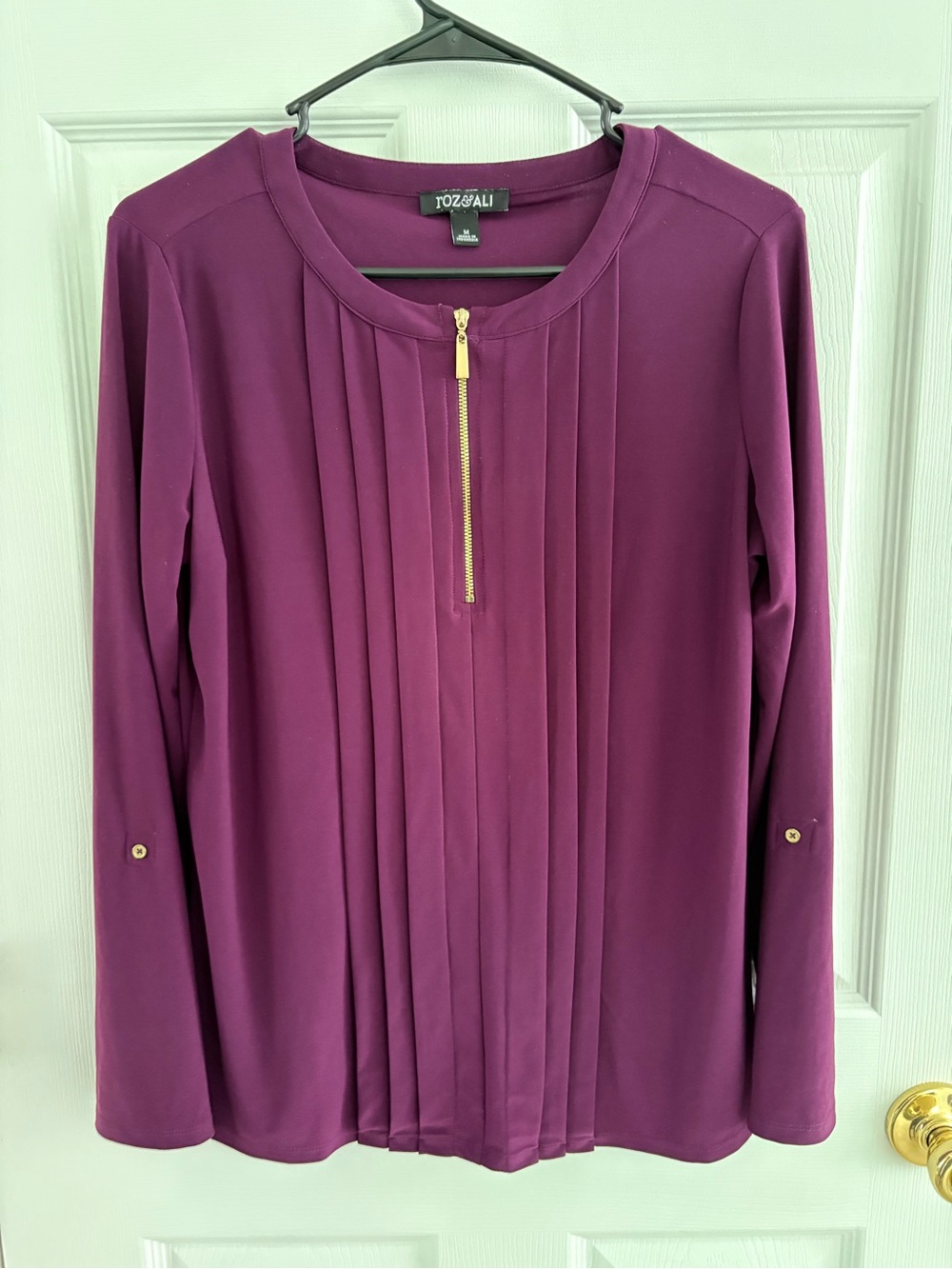Roz & Ali Plum Pleated Long-Sleeve Top with Gold Zip